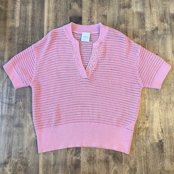Varley Callie Open-Knit Cotton Top Short Sleeve Button Summer Pink Women’s Small - Picture 10 of 10